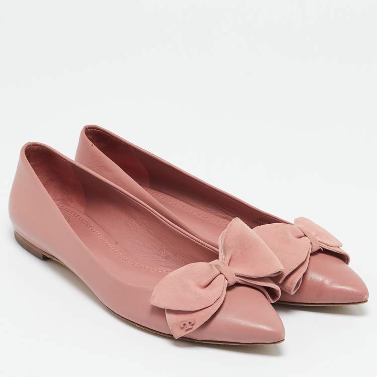 Pre Owned Tory Burch Pink Leather and Suede Bow Ballet Flats Size 37