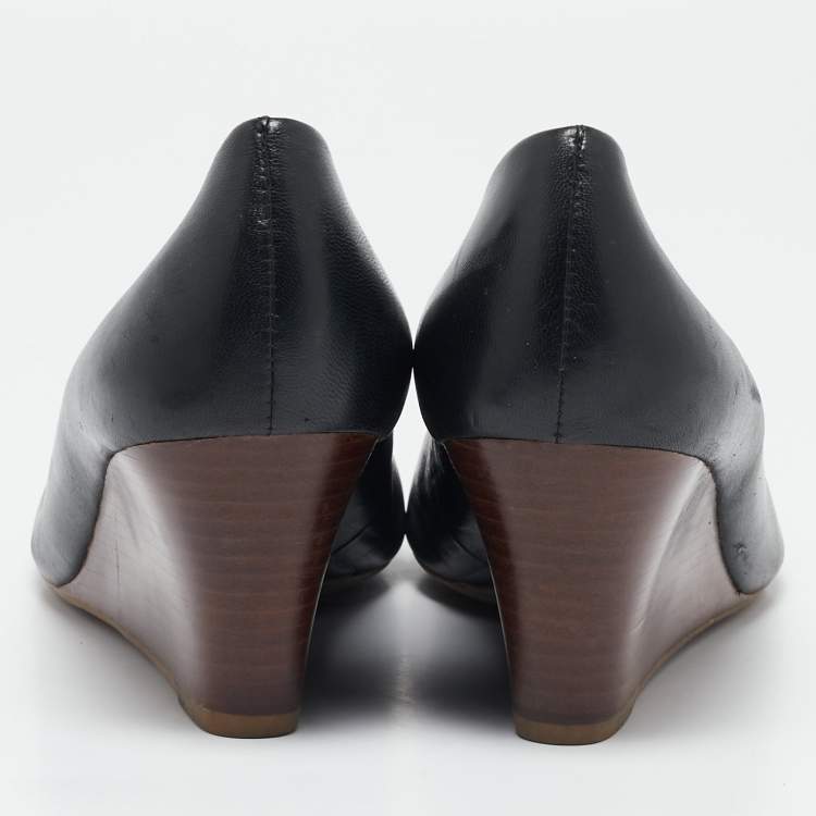 Pre Owned Tory Burch Black Leather Lowell Wedge Pumps Size 39.5