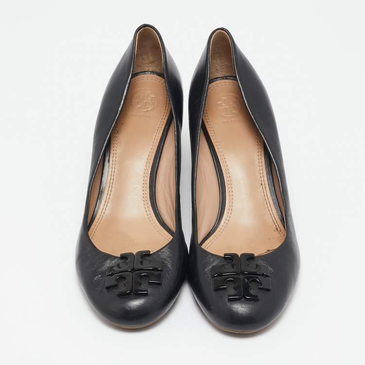 Pre Owned Tory Burch Black Leather Lowell Wedge Pumps Size 39.5