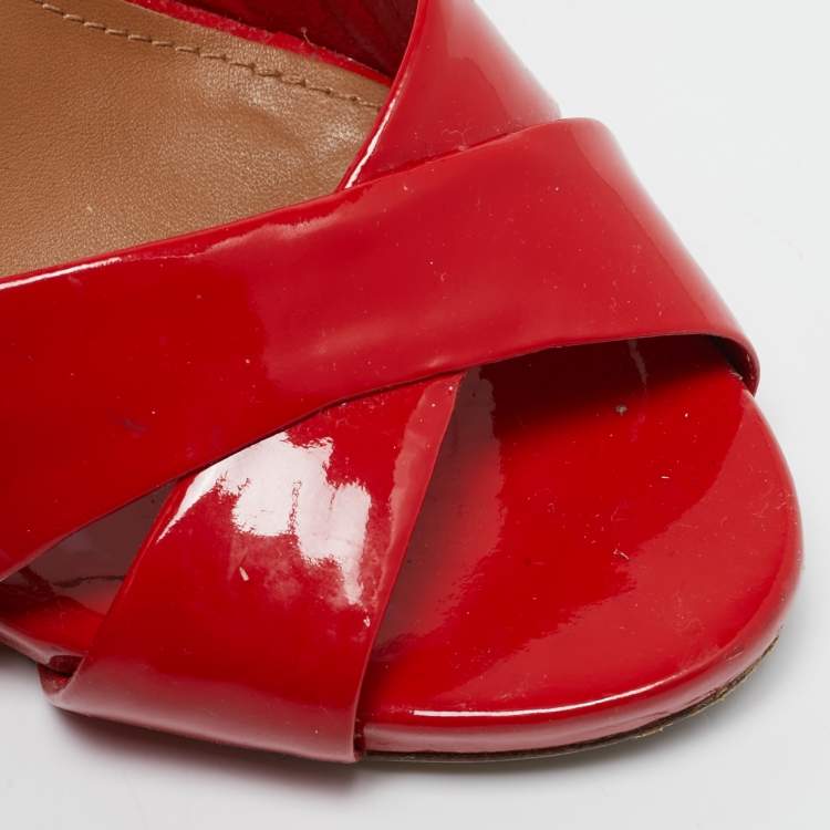 Pre Owned Tory Burch Red Patent Leather Cross Strap Ankle Strap Sandals Size 38