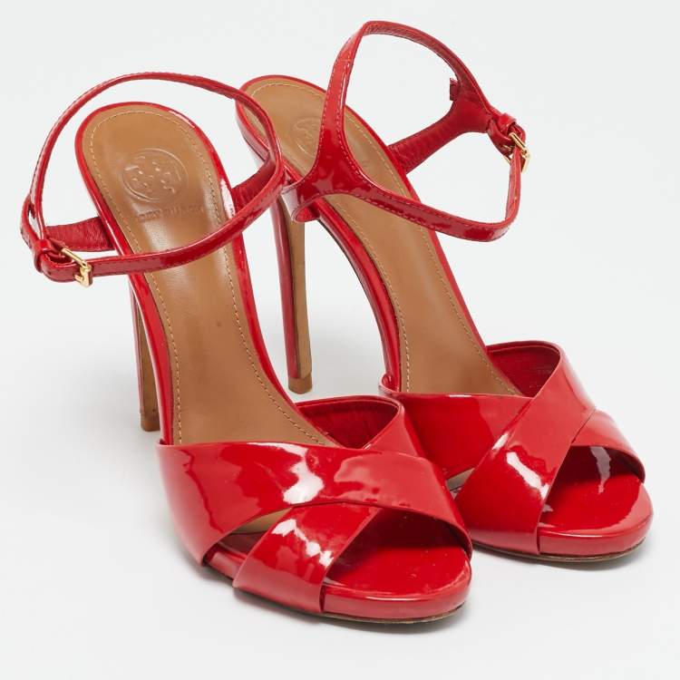 Pre Owned Tory Burch Red Patent Leather Cross Strap Ankle Strap Sandals Size 38