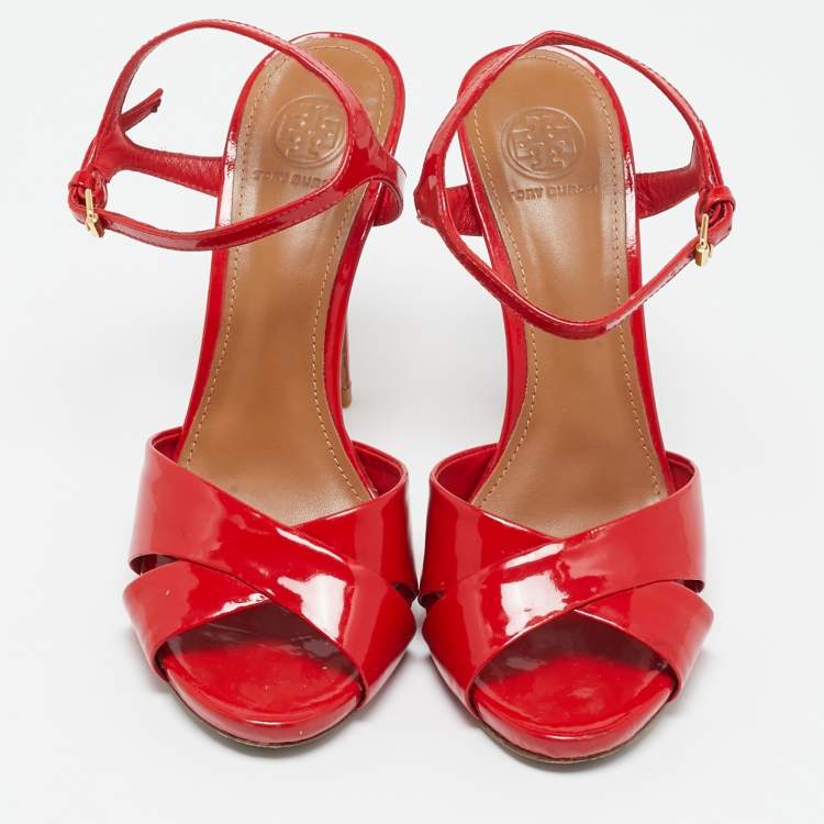 Pre Owned Tory Burch Red Patent Leather Cross Strap Ankle Strap Sandals Size 38