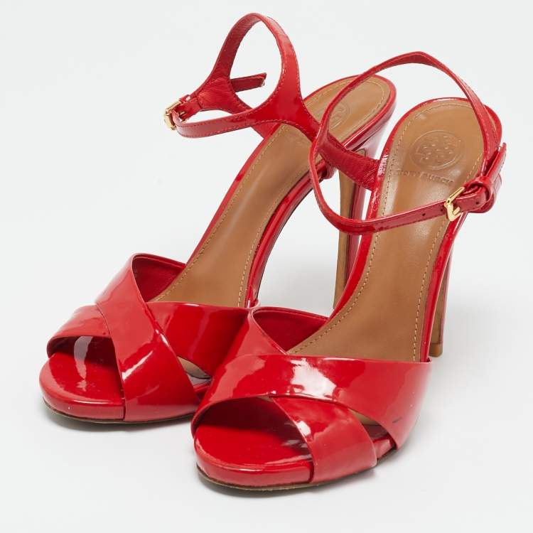 Pre Owned Tory Burch Red Patent Leather Cross Strap Ankle Strap Sandals Size 38