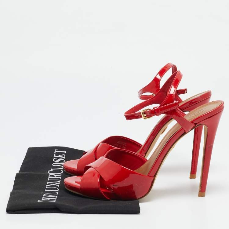 Pre Owned Tory Burch Red Patent Leather Cross Strap Ankle Strap Sandals Size 38