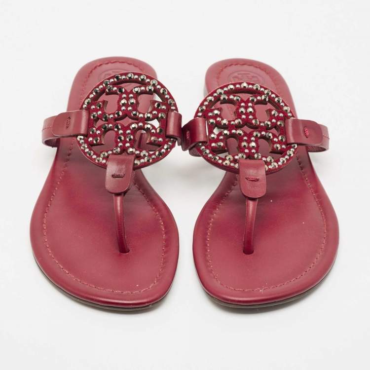 Pre Owned Tory Burch Burgundy Leather Miller Thong Flats Size 37