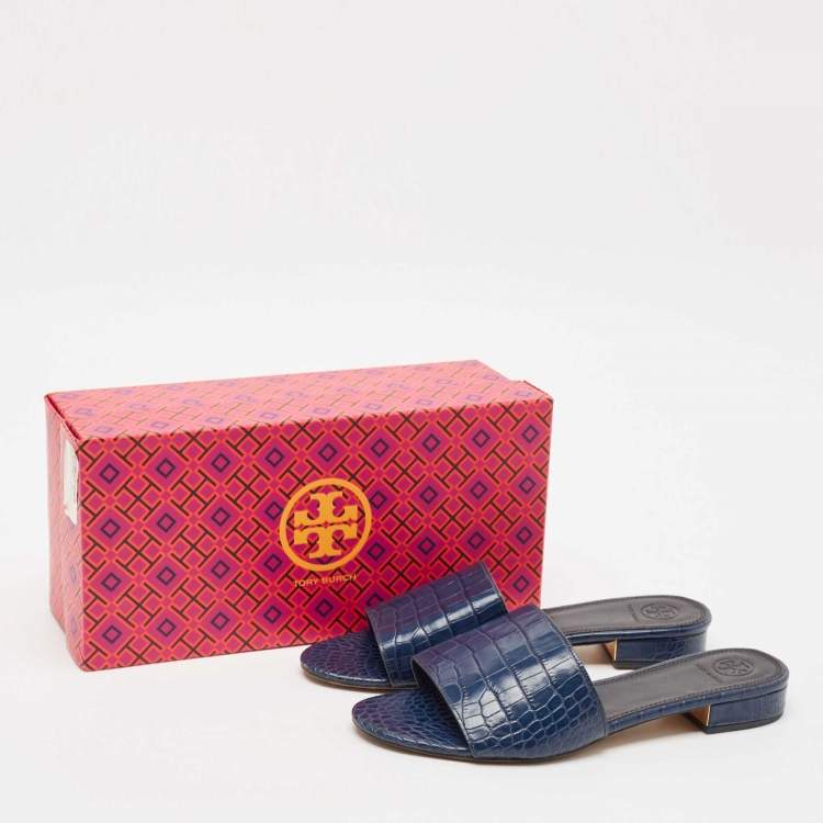 Pre Owned Tory Burch Navy Blue Croc Embossed Leather Martine Slide Sandals Size 39