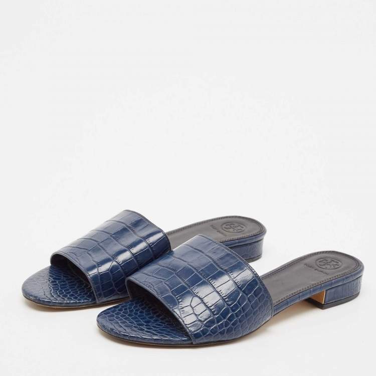 Pre Owned Tory Burch Navy Blue Croc Embossed Leather Martine Slide Sandals Size 39