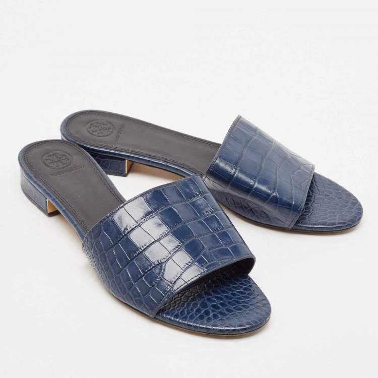 Pre Owned Tory Burch Navy Blue Croc Embossed Leather Martine Slide Sandals Size 39