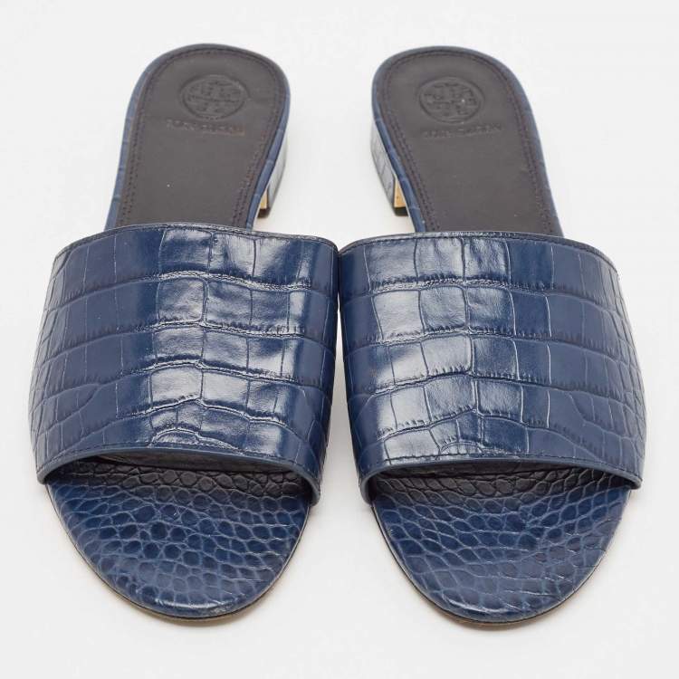 Pre Owned Tory Burch Navy Blue Croc Embossed Leather Martine Slide Sandals Size 39