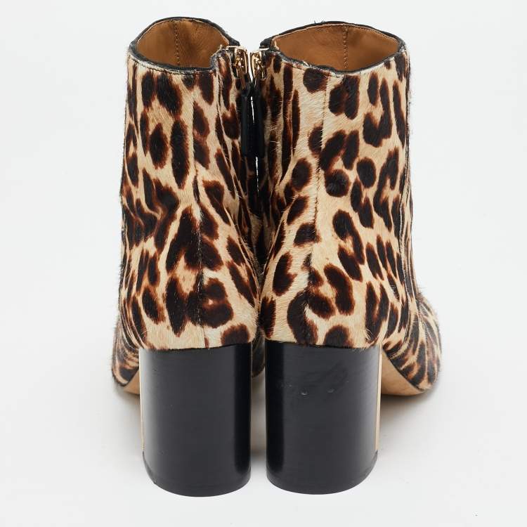Pre Owned Tory Burch Brown Calf Hair Leopard Print  Gigi Ankle Length Boots Size 36.5