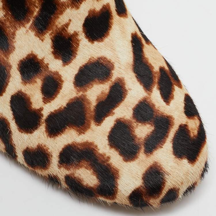 Pre Owned Tory Burch Brown Calf Hair Leopard Print  Gigi Ankle Length Boots Size 36.5