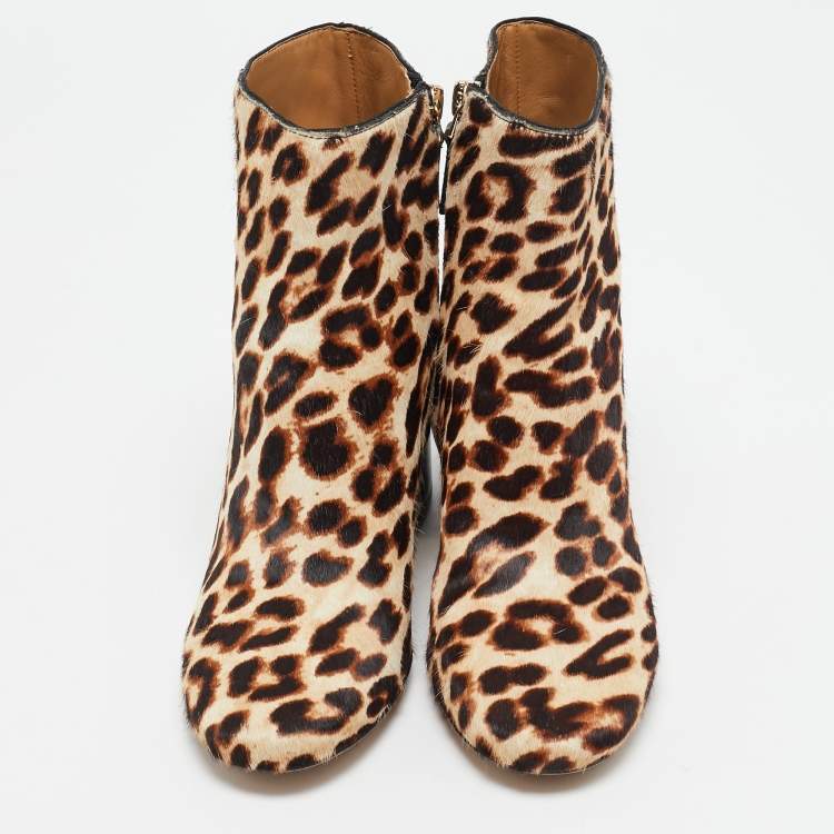 Pre Owned Tory Burch Brown Calf Hair Leopard Print  Gigi Ankle Length Boots Size 36.5