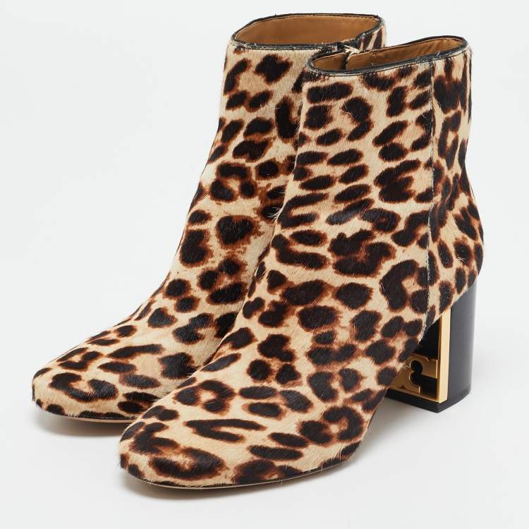 Pre Owned Tory Burch Brown Calf Hair Leopard Print  Gigi Ankle Length Boots Size 36.5