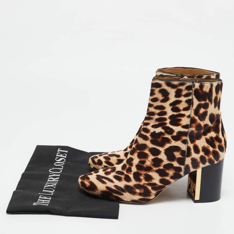 Pre Owned Tory Burch Brown Calf Hair Leopard Print  Gigi Ankle Length Boots Size 36.5