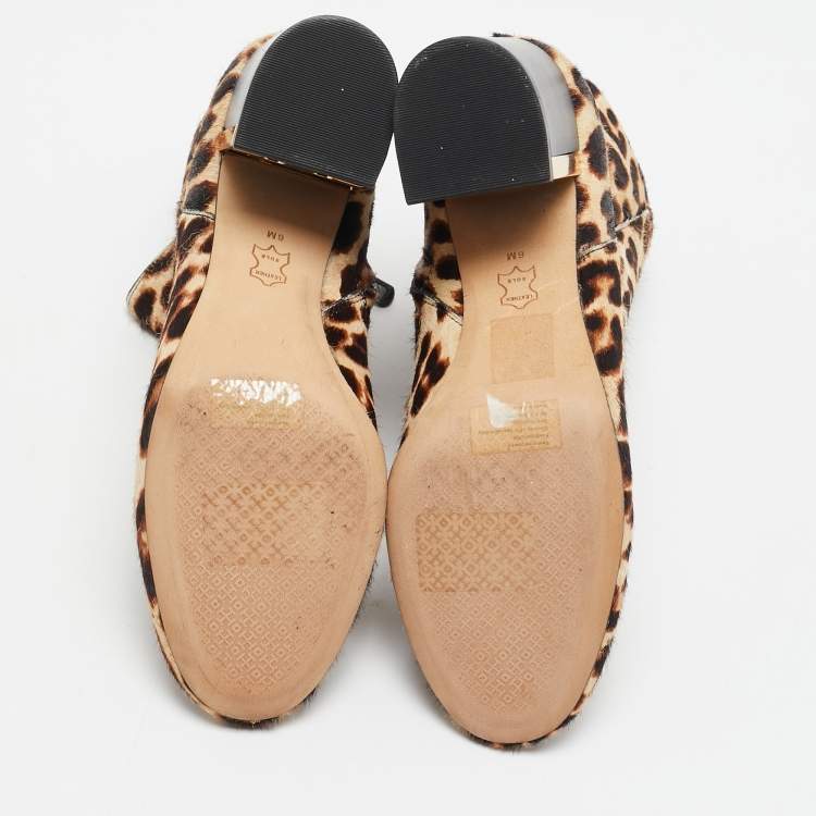 Pre Owned Tory Burch Brown Calf Hair Leopard Print  Gigi Ankle Length Boots Size 36.5