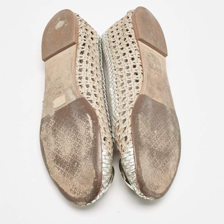 Pre Owned Tory Burch Gold/Silver Woven Leather Reva Scrunch Ballet Flats Size 37