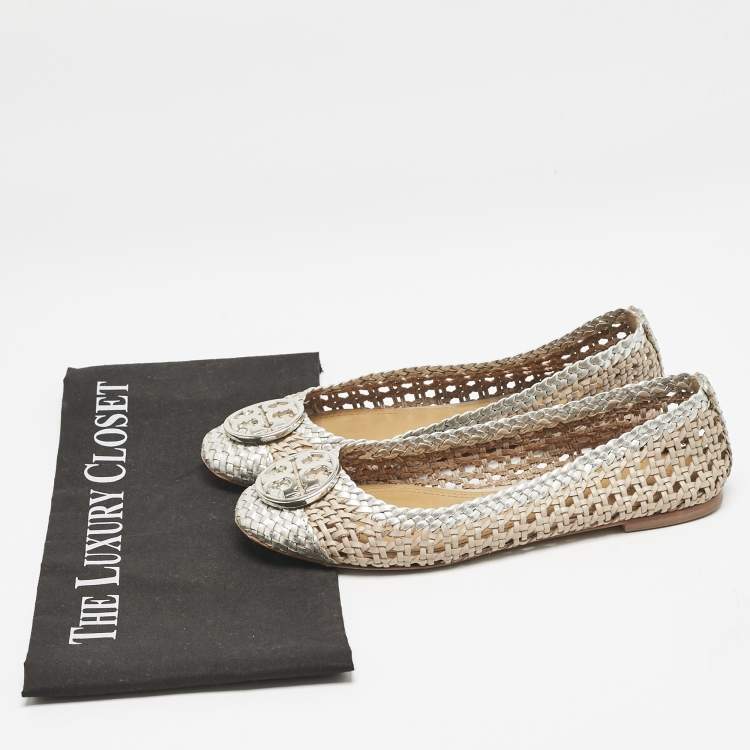 Pre Owned Tory Burch Gold/Silver Woven Leather Reva Scrunch Ballet Flats Size 37