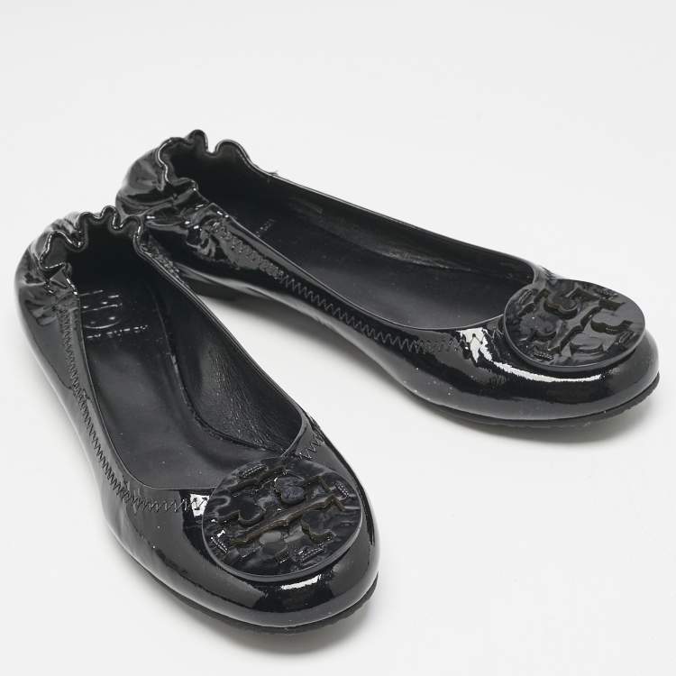 Pre Owned Tory Burch Black Patent Leather Minnie Travel Ballet Flats Size 38.5