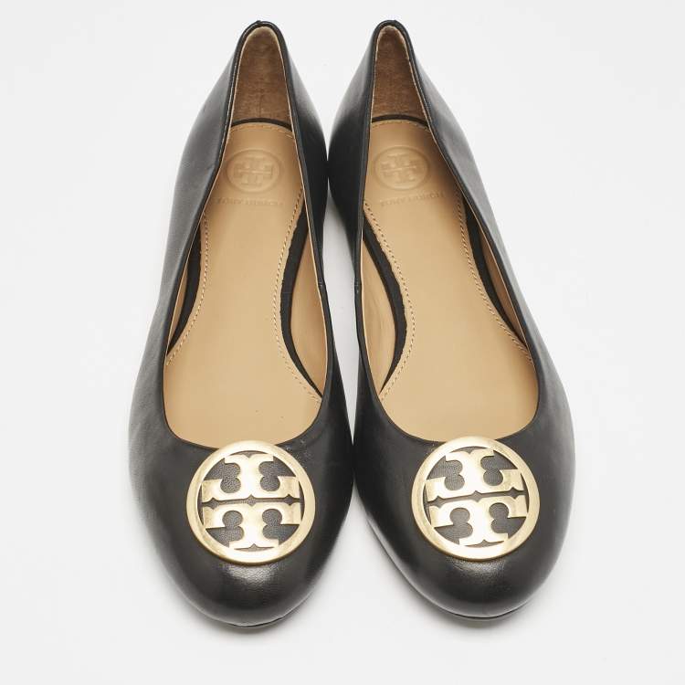 Pre Owned Tory Burch Black Leather Reva Ballet Flats Size 38
