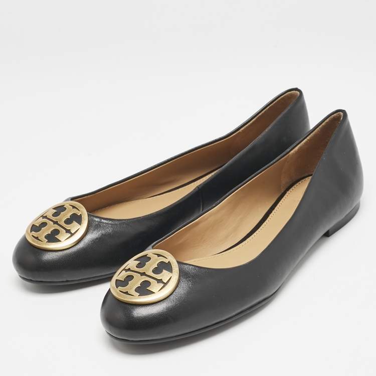 Pre Owned Tory Burch Black Leather Reva Ballet Flats Size 38