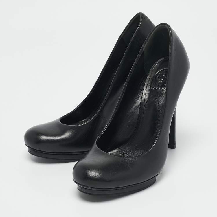 Pre Owned Tory Burch Black Leather Platform Pumps Size 38