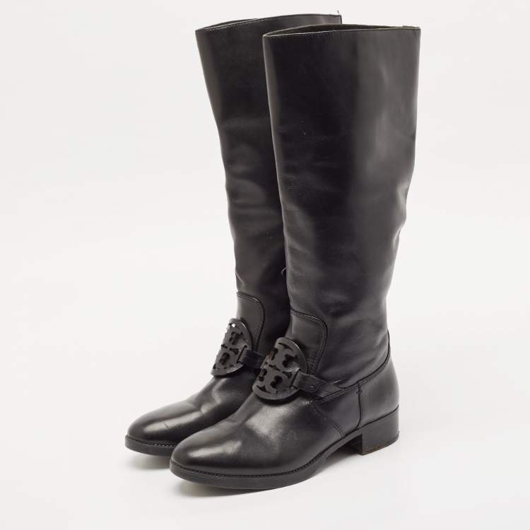 Pre Owned Tory Burch Black Leather Mid Calf Boots Size 39