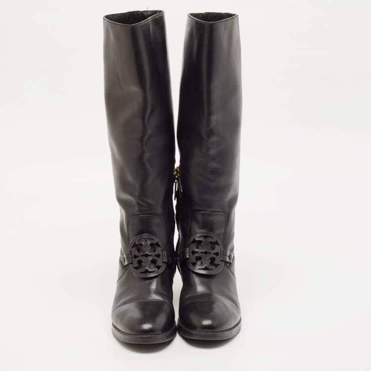 Pre Owned Tory Burch Black Leather Mid Calf Boots Size 39