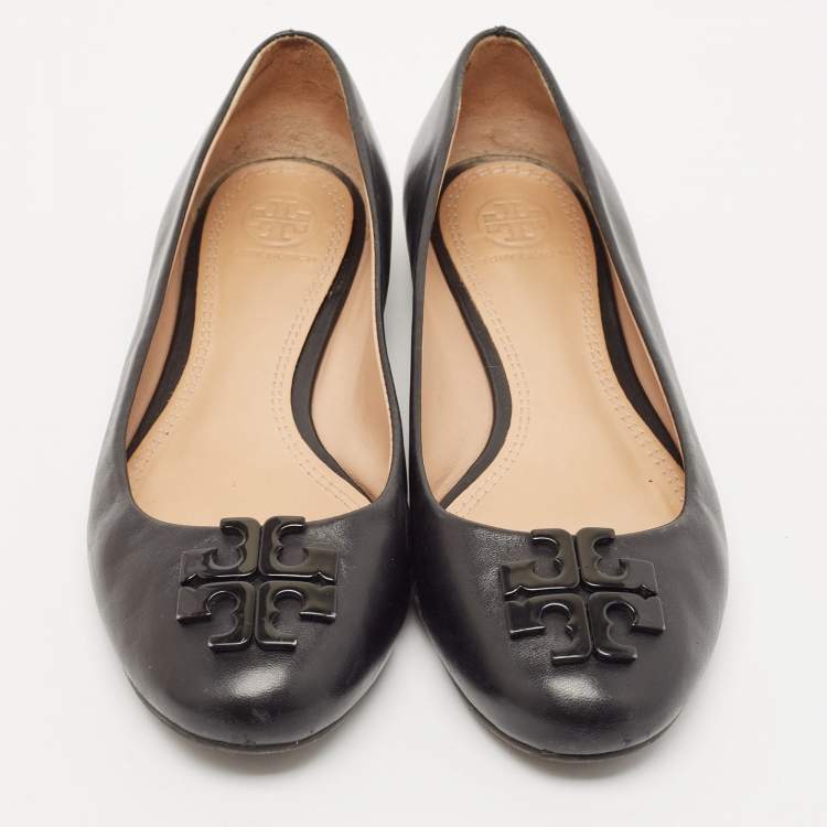 Pre Owned Tory Burch Black Leather Logo Lowell Ballet Flats Size 37.5