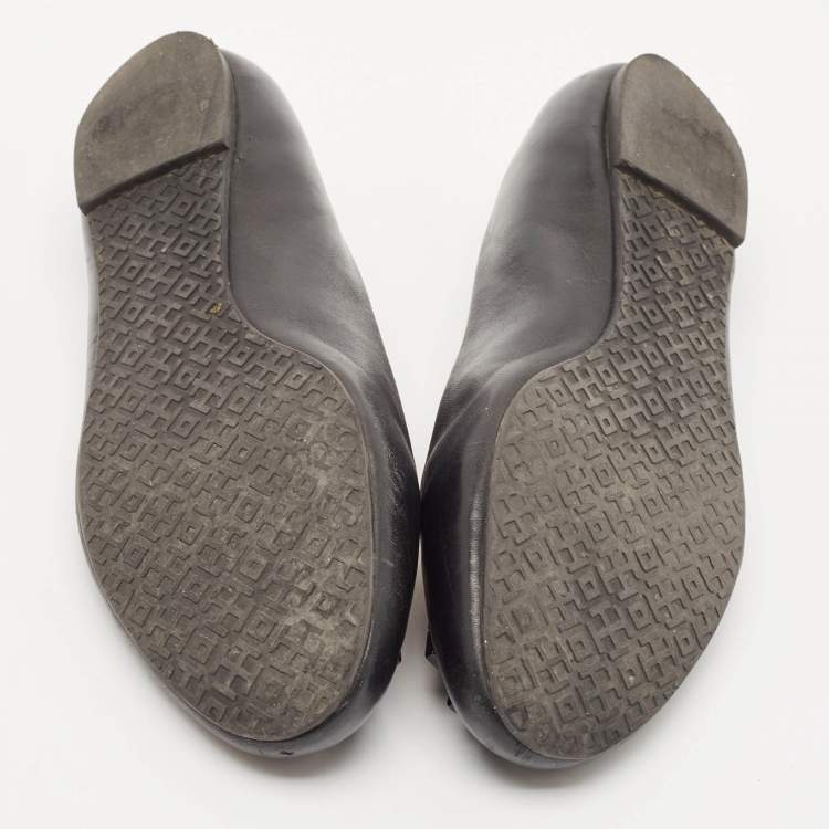 Pre Owned Tory Burch Black Leather Logo Lowell Ballet Flats Size 37.5