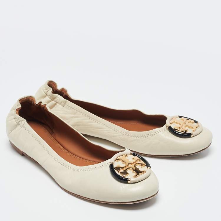 Pre Owned Tory Burch Cream Leather Minnie Ballet Flats Size 39