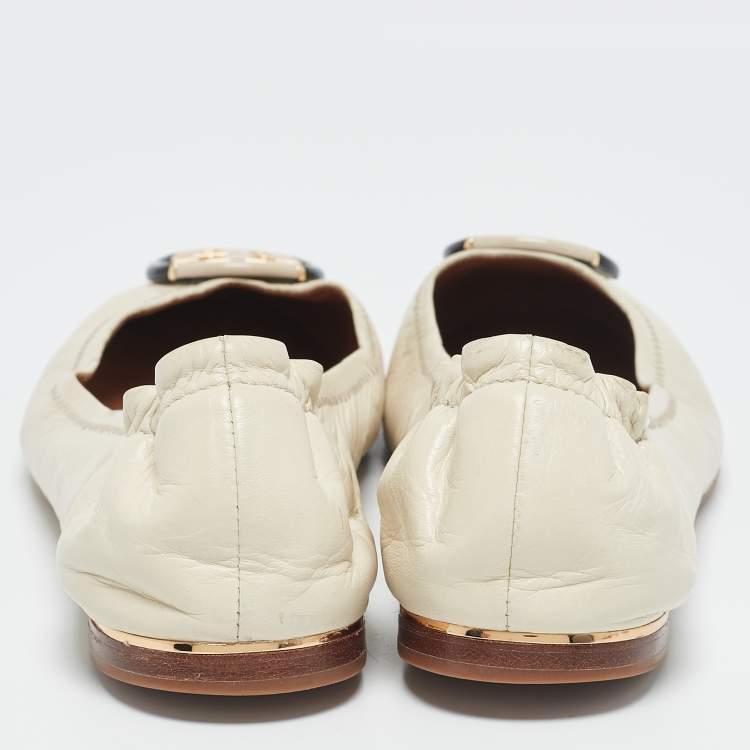 Pre Owned Tory Burch Cream Leather Minnie Ballet Flats Size 39