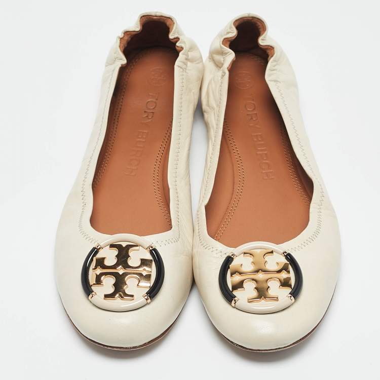 Pre Owned Tory Burch Cream Leather Minnie Ballet Flats Size 39