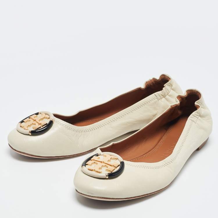 Pre Owned Tory Burch Cream Leather Minnie Ballet Flats Size 39