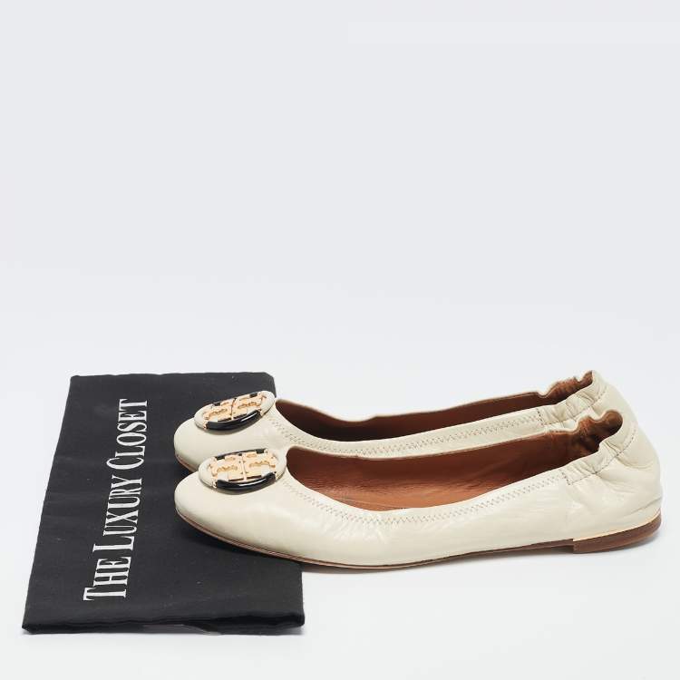 Pre Owned Tory Burch Cream Leather Minnie Ballet Flats Size 39