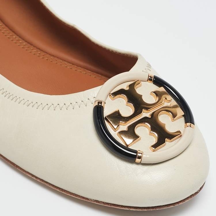 Pre Owned Tory Burch Cream Leather Minnie Ballet Flats Size 39
