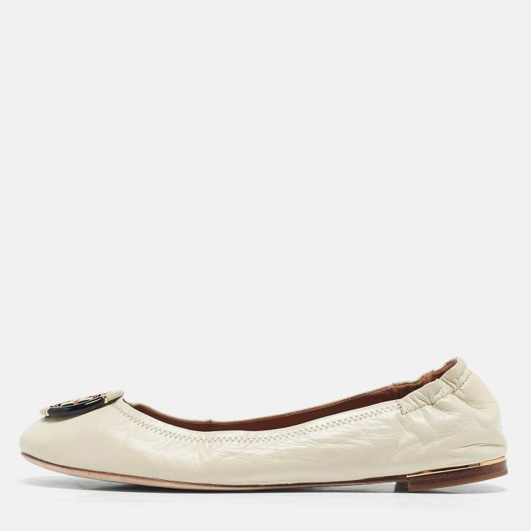 Pre Owned Tory Burch Cream Leather Minnie Ballet Flats Size 39