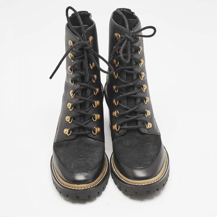 Pre Owned Tory Burch Black Leather and Nubuck Miller Ankle Boots Size 38.5