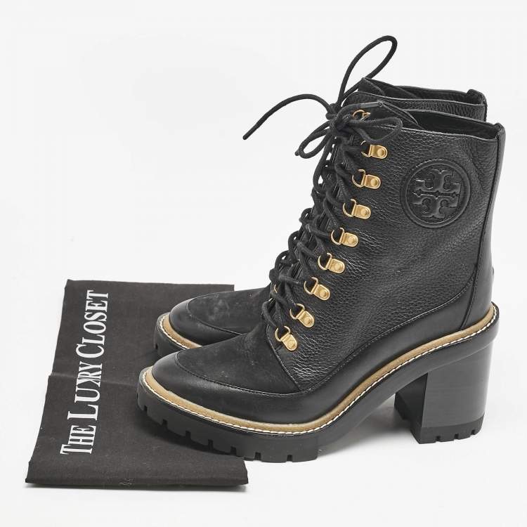 Pre Owned Tory Burch Black Leather and Nubuck Miller Ankle Boots Size 38.5