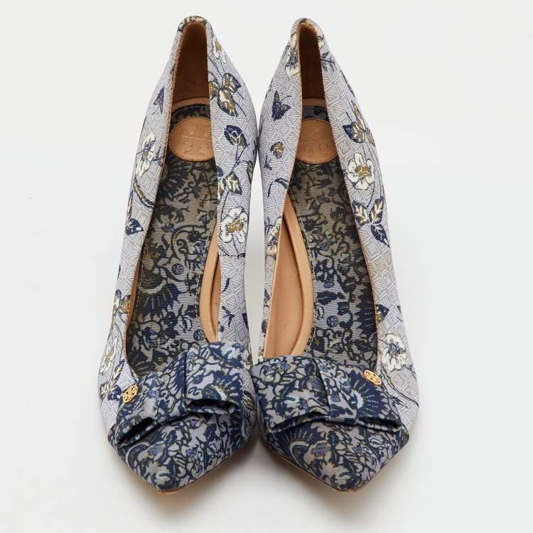Pre Owned Tory Burch Multicolor Printed Fabric Bow Pointed Toe Pumps Size 41