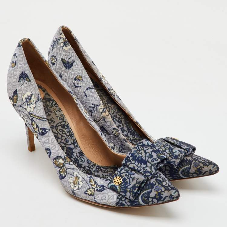 Pre Owned Tory Burch Multicolor Printed Fabric Bow Pointed Toe Pumps Size 41
