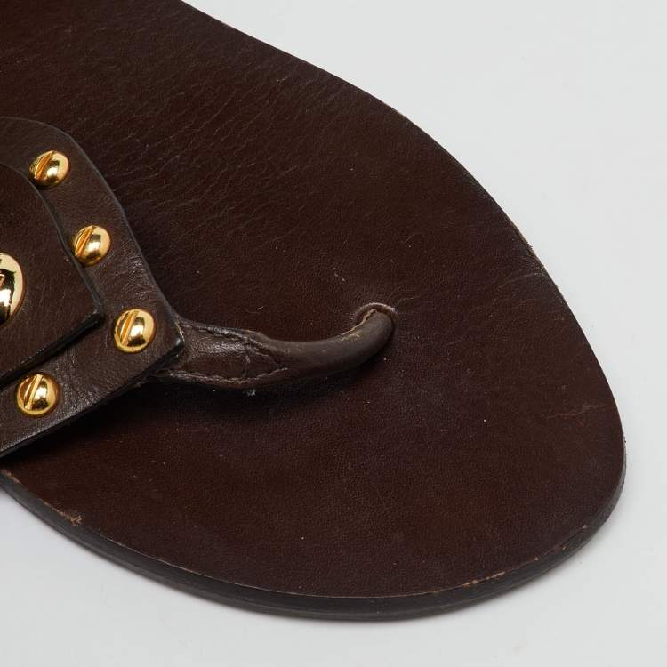 Pre Owned Tory Burch Brown Leather Studded Heart Strappy Flat Sandals Size 38