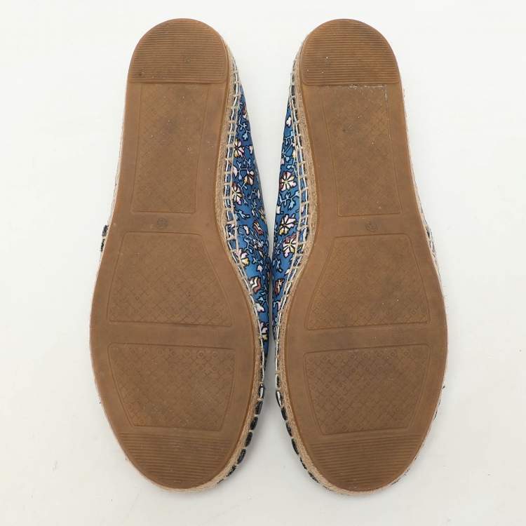 Pre Owned Tory Burch Blue Floral Leather Logo Cap Toe Espadrille Flats Size 38.5