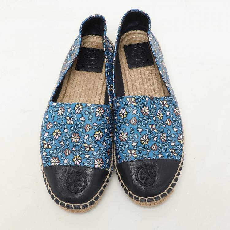 Pre Owned Tory Burch Blue Floral Leather Logo Cap Toe Espadrille Flats Size 38.5
