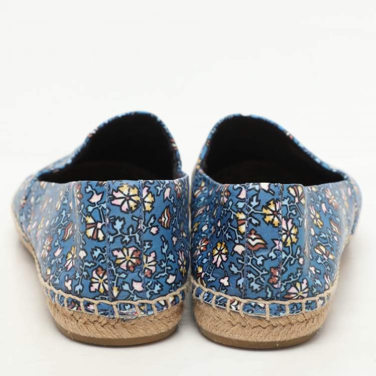 Pre Owned Tory Burch Blue Floral Leather Logo Cap Toe Espadrille Flats Size 38.5