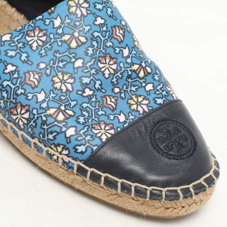 Pre Owned Tory Burch Blue Floral Leather Logo Cap Toe Espadrille Flats Size 38.5