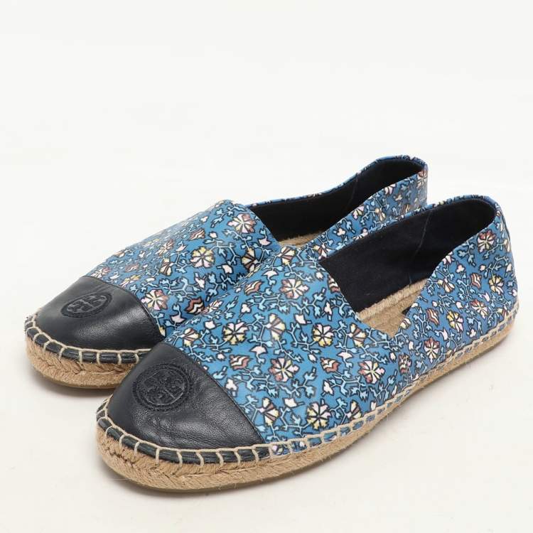 Pre Owned Tory Burch Blue Floral Leather Logo Cap Toe Espadrille Flats Size 38.5