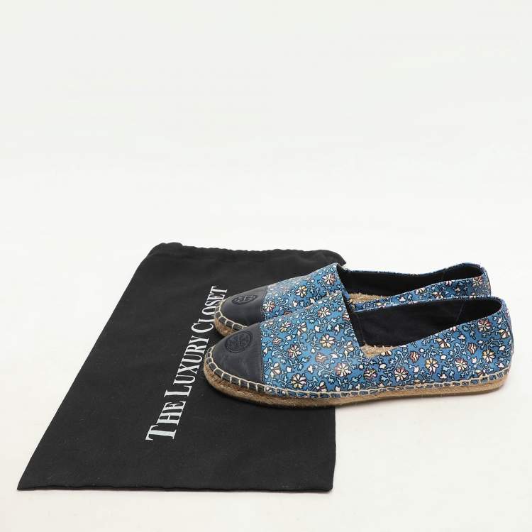 Pre Owned Tory Burch Blue Floral Leather Logo Cap Toe Espadrille Flats Size 38.5