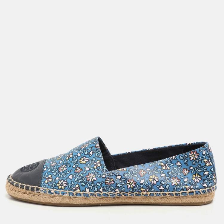 Pre Owned Tory Burch Blue Floral Leather Logo Cap Toe Espadrille Flats Size 38.5