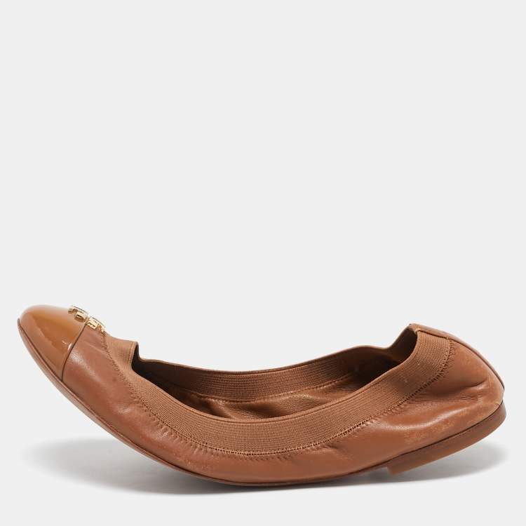 Pre Owned Tory Burch Brown Patent and Leather Jolie Scrunch Ballet Flats Size 38