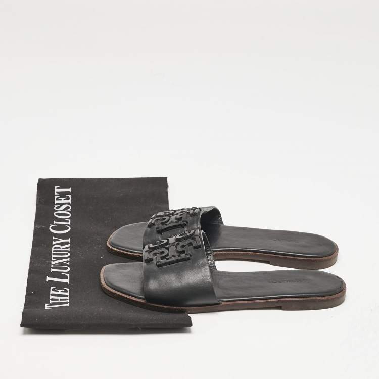 Pre Owned Tory Burch Black Leather Double T Slide Flat Sandals Size 35